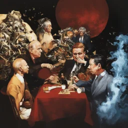 Putin, President Xi Of China And Joe Biden Play Chess With Atomic Bomb Mushroom Cloud,Complex Surgical Instruments Intermixed With A Newborn Boy,Minimalism,Painting By Adrian Ghenie,Rene Magritte,Pablo Picasso,Michelangelo,Salvador Dali,Lucian Freud