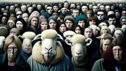 large crowd of people all with sheep heads