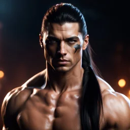 Shirtless Handsome alpha warrior with long dark hair pulled back in a pony tail. headshot. photorealistic. 4k. Dark Fantasy