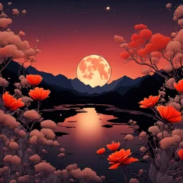 a full moon is rising over a mountain landscape with flowers, beautiful avatar pictures, red tears, within radiate connection, 9 4, image full of reflections, orange glow, connectedness, ios, enter night