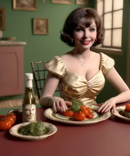 Ultra realistic photographic portrait, happy young Gina Lollobrigida woman sitting with arms resting on Italian kitchen table, pretty ravioli dish, tomatoes, olive oil, renaissance style decoration, soft color, highly detailed, unreal engine 5, ray tracing, RTX, lumen lighting, ultra detail, volumetric lighting, high definition.