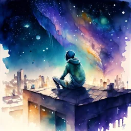 A watercolour painting,A drug-addicted person sits on a rooftop, gazing at the stars, while their mind envisions a meeting with benevolent aliens who share profound wisdom and advanced technology, offering a glimpse of a utopian intergalactic civilization.