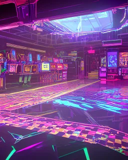 A dark photo of the corners of an 80's aesthetics arcade at night, with a lot of functioning arcade machines, a vaporwave floor and some colorful tiles in between the floor. Purple aesthetics. There are some pizza boxes over some of the arcade machines