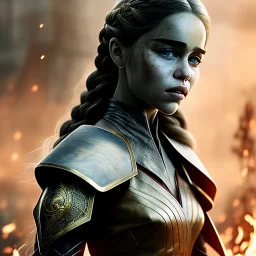 portrait perfect face emilia clarke, wearing dragon armor, fog, particle fire, 8k quality, intricate, realism, detailed, fog and fire particles