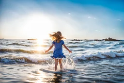 a 10 years old girl standing in seaside ,wavy water ,splash