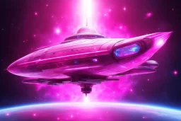 a crystal cosmic pink beautiful SPACESHIP standing in the light of a galaxy