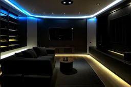 a dedicated home cinema room with LED ambient lighting in the walls