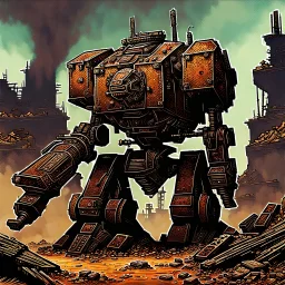 90's fantasy tcg art of a giant junk mech made of multiple parts in the ruins of a post apocalyptic sludge junkyard firing a a machine gun