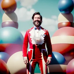 Ultra realistic circus scene. Stronger circus man, waist up view, Wes Anderson style, happy, bubbles, party, confeti, highly detailed, concept art, unreal engine 5, god rays, ray tracing, RTX, lumen lighting, ultra detail, volumetric lighting, 3d, finely drawn, high definition, high resolution.