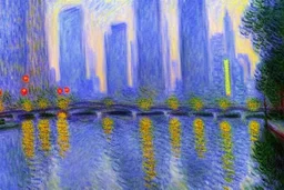 City near trees, sci-fi, Photography, hyperrealism, hd, claude monet impressionism painting