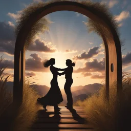 Hyper Realistic shadow-silhouette of a romantic couple-dancing behind a romantic sunset & with a wooden-arch with cloudy sky on mountain-top with leaves-whirling-&-breeze-blowing-tall-grass showing dramatic-romantic-&-cinematic-ambiance