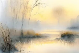 Sunrise on a misty morning. over a misty pond in the hieght of fall.Watercolour by Alison Brady. Pastel colours Arthur Rackham Gothic Watercolour Jean-Baptiste Monge Ernst Haeckel Minimalist Kay Sage watercolour art