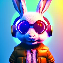 pixar style anamorphic cute smiling baby rabbit, smiling, cyberpunk headphone, sunglass, gangsta gold neckless, full body, magenta puffer jacket, manila city backdrop, dramatic lighting, hyper realistic, unreal engine 5, 16k