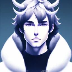 masterpiece - face - anime boy - black hair - portrait- white eyes - white horns on head - sharp eyes- handsome