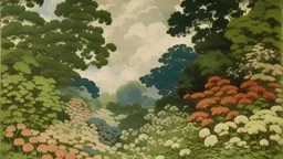 An illustration by Monet and Kuniyoshi of a landscape of blooming flowers and lush vegetation.