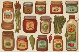 Stickers for a lakeside farmers' market "Good Spirit Market" in a national parks sticker style, featuring illustrations of home preserves.