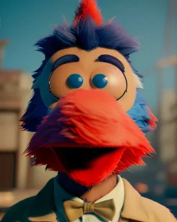 hybrid character, Sesame Street muppet head with body man, police dress, Wes Anderson style, concept art, smooth, unreal engine 5, god lights, ray tracing, RTX, lumen lighting, ultra detail, volumetric lighting, 3d.