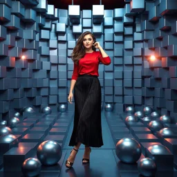 make a picture pretty stage made of metallic blue-gray teme 3d recursive cubic and sphere base structures and a beautiful fashion model lady posing with cute in black and white and the scene is in color,with dark red top and pretty pleated midi skirt ,makeup curvy long hair,dynamic camera zoom to full body and pan, dynamic lights.