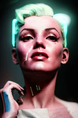 Ultra Realistic image, portrait, blonde woman, sweet Marylin Monroe face, perfect iris, glow eyes, glow makeup. Cyborg, Cyberpunk style, oversized transparent latex coat, yakuza tattoos body. fog, rain, soft color, highly detailed, unreal engine 5, ray tracing, RTX, lumen lighting, ultra detail, volumetric lighting, 3d, finely drawn, high definition, high resolution.