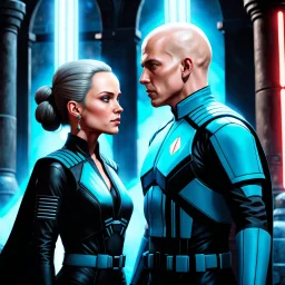 a bold and heroic bald male Corellian pilot in black and metallic grey First Order special forces gear meets a female Jedi Master in ancient, mystical temple, hyperdetailed, dynamic lighting, hyperdetailed background, 8k resolution, volumetric lighting, light skin, fully symmetric details