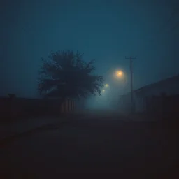 A nostalgic vaporwave horror 2008 image of a dimly lit, foggy street in the outskirts with a pastel blue and brown color scheme. The street has a textured, rough surface. There is a tree in the corner. The background contains a few buildings. The overall atmosphere is eerie and foggy.
