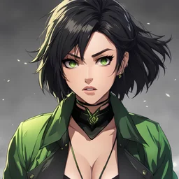 Alluring female survivor, dark eyeshadow, Angry And Arrogant, Shocked, black choker, green bodysuit, jacket, anime style