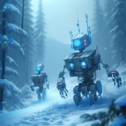 pixie robot hauling sled with presents in snowy misty forest, 8k, down-light, soft light, depth of field, photo realism, trending on art station, high detail