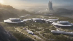 Many spaceliners docked at a huge busy spaceport, with gantries and walkways, setting into the side of a huge cliff, trees, vines and plants, Star Wars, Star Trek