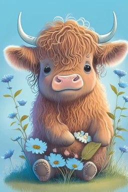 Adorable cute happy baby scottish highland cow with dreamy eyes, sitting down and holding a flower, nursery art, very rendered polished Perfect, smooth edges, flawless Facial Features, Stunning, Whimsical Fantasy, Cute, Highly Detailed, Well Rendered, cartoon, illustration