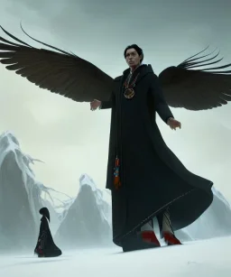 native american shaman, wizard doctor, long black hair, black hooded coat like wings, 8k resolution concept art portrait by Greg Rutkowski