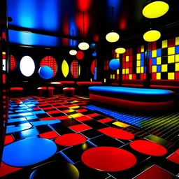 techno disco with red black walls,an blue white and shiny vinyls yellow