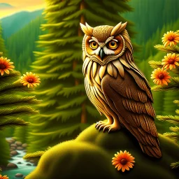 Create the most beautiful ultra-realistic image of an owl with big eyes in the world sitting on top of a fir tree and overlooking a wonderful green valley where a beautiful stream flows with colorful flowers to its banks, perfect clarity in high quality 24K resolution, deeply immersed in meditation, its feathers are carefully designed to present a breathtaking realism. This mesmerizing image shows the bird's intricate plumage, each feather sculpted to perfection. The vibrant colors of its feath