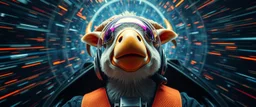 hyper sonic space warp crash pilot ,weird experiment gone wrong perspective close up portrait of dj shrimp sheep smug duck pilot looking down on cam, with background in the style of escher and giger, a chill contrapunctus fugue in the style of fsol, beethoven, goa trance breaks, dancefloor drum and bass,