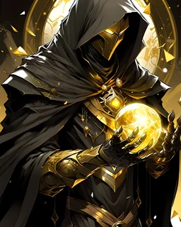 black and white grim reaper with gold runes around the cloak, gold chains around the arms, a black scythe with white runes and a gold crystal and a black book with gold highlight