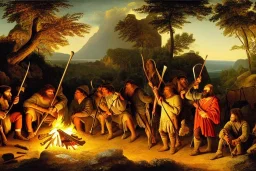 Romanticism, Painting, caveman holding a club, cave, cave bear, campfire, stone age, dawn, fine detail, high quality,