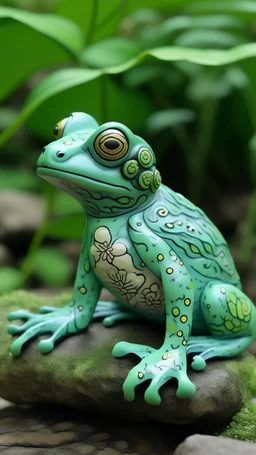 A mint colored nature elemental frog designed in Mexican folk art painted by Pieter Bruegel the Elder