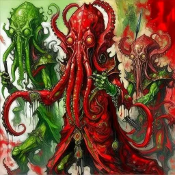 Lovecraftian Cthulhu bagpipers, dramatic, horror, by Jonathan Meese, 2D oil painting, red hues