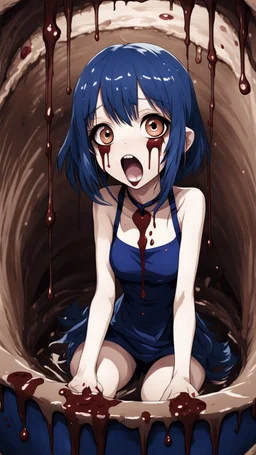 Anime girl with big eyes, darkblue and sepia tones, fullbody, slime, the perspective looking up from the bottom of an empty well, rolling eyes, tongue out, blood drip, open mouth,