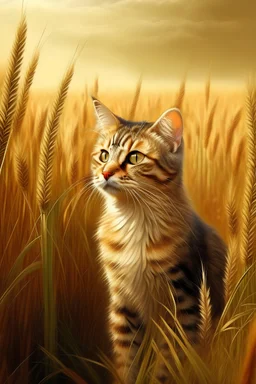 Gato en prado de trigo con atmosfera suave y alegre, al estilo Rembrandt