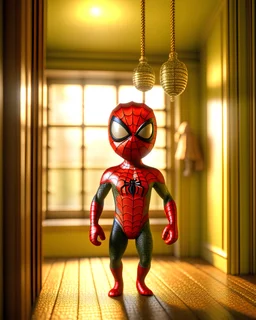 Cute small humanoid spiderman hanging,unreal engine, cozy indoor lighting, artstation, detailed, digital painting,cinematic,character design by mark ryden and pixar and hayao miyazaki, unreal 5, daz, hyperrealistic, octane render