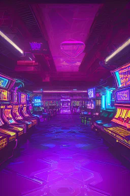 A dark photo of a full panoramic view an 80's aesthetics arcade at night, with a lot of functioning arcade machines, a vaporwave floor and some colorful tiles in between the floor. Purple aesthetics. Full panoramic view.