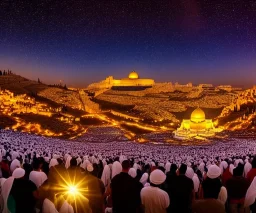 100,000,000 christians, men, women,and children, WORSHIPPING, dressed in white, beam of light from jewish Temple, Jerusalem, hills and valley in background, dusk, andromeda GALAXY IN SKY