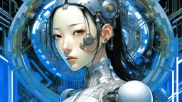 An illustration by Kuniyoshi and Monet of a cyborg girl inside a futuristic matrix.