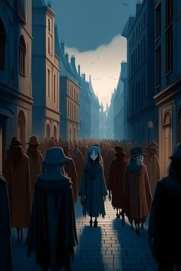 French animation arcane style. City street crowded by people with no faces