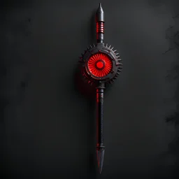 saw-blade mace, red lighting, black background, post-apocalyptic weapon, cyberpunk style