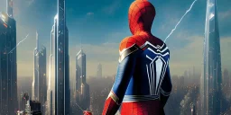 Spider-man, full body, futuristic city, high-rise, concept art, sharp focus, art by tom Bagshaw, Kelogsloops, and Greg Rutkowski, great pose, magnificent, majestic, highly intricate, Realistic photography, incredibly detailed, ultra-high resolution, 8k, complex 3d render, cinema 4d.