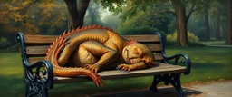 master oil painting by Rembrandt, fat dragon sleeping on a bench in the park