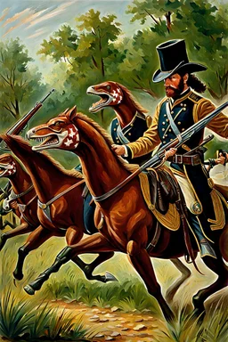 Velociraptors fighting alongside confederate cavalry in US Civil War. Oil painting.
