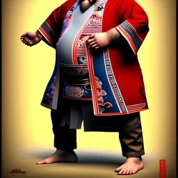 Homme gros ventre en kimono karate, barbe, long cheveux, chigon, dojo, coup de pied