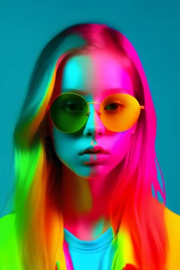 Neon negative orange pink cyan and mint sunglasses girl